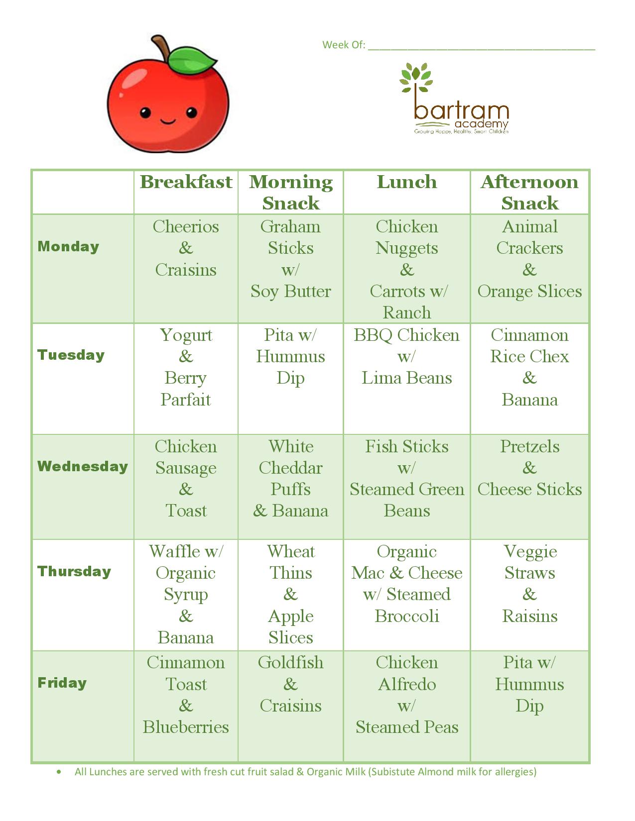 Week 3 menu for Bartram Academy
