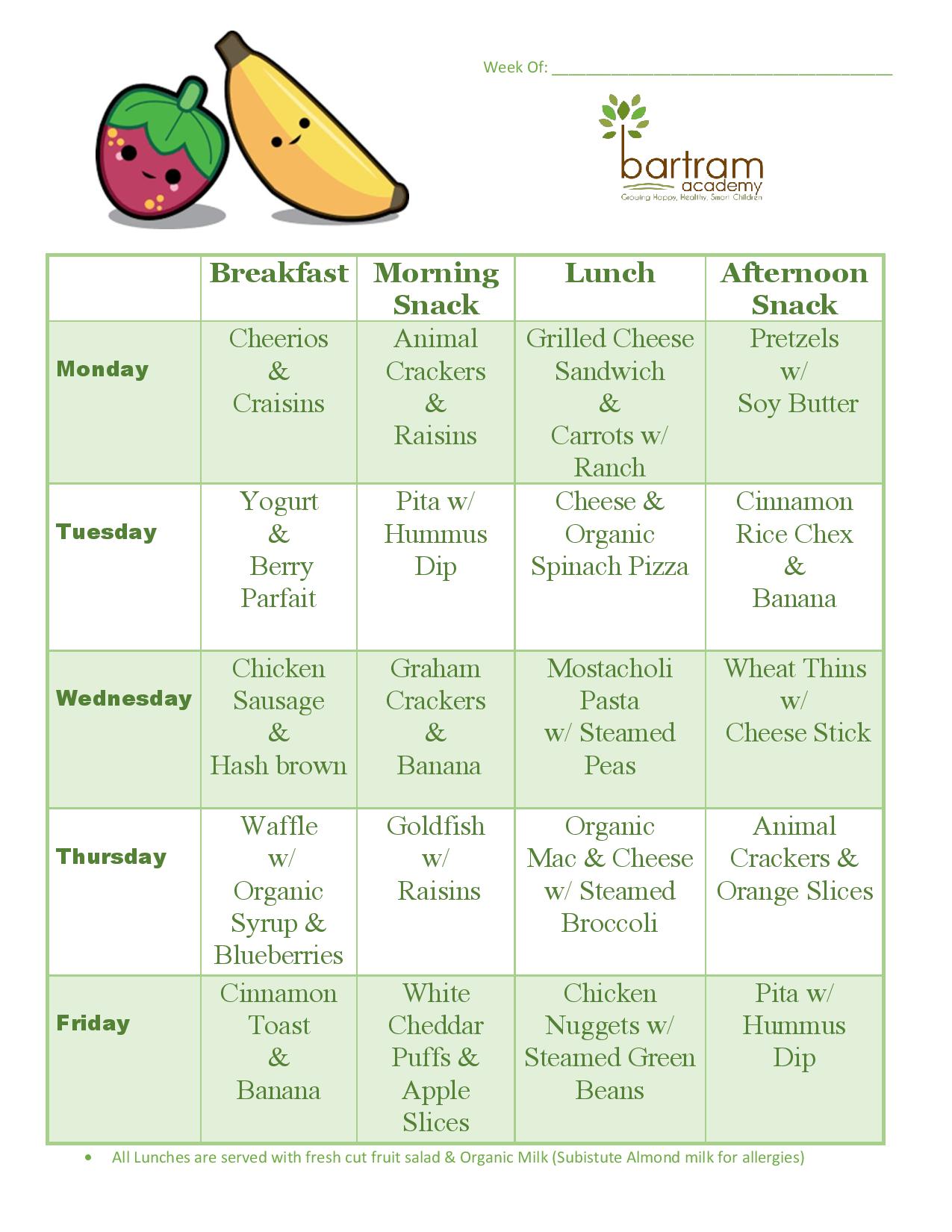Week 1 menu at Bartram Academy