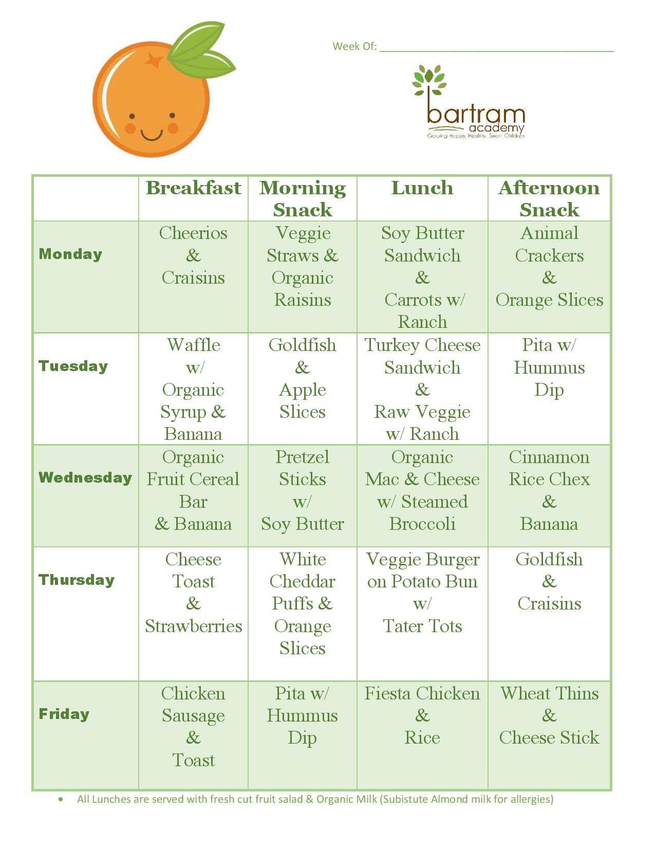 Week 2 menu at Bartram Academy