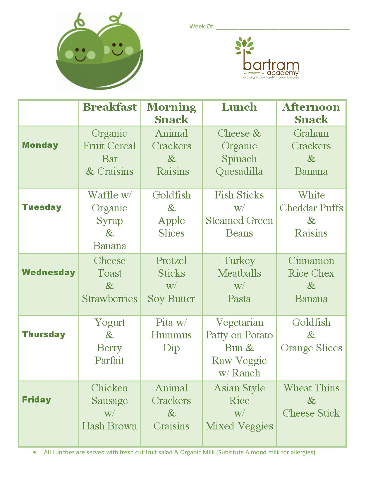Week 4 menu for Bartram Academy